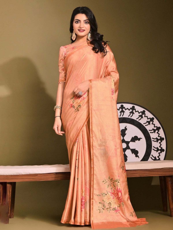 Peach Tussar Silk Digital Print Saree